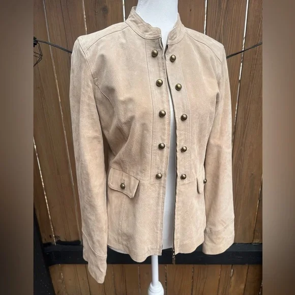 Vintage Suede Women's Tan Military Style Jacket - Picture 5 of 8